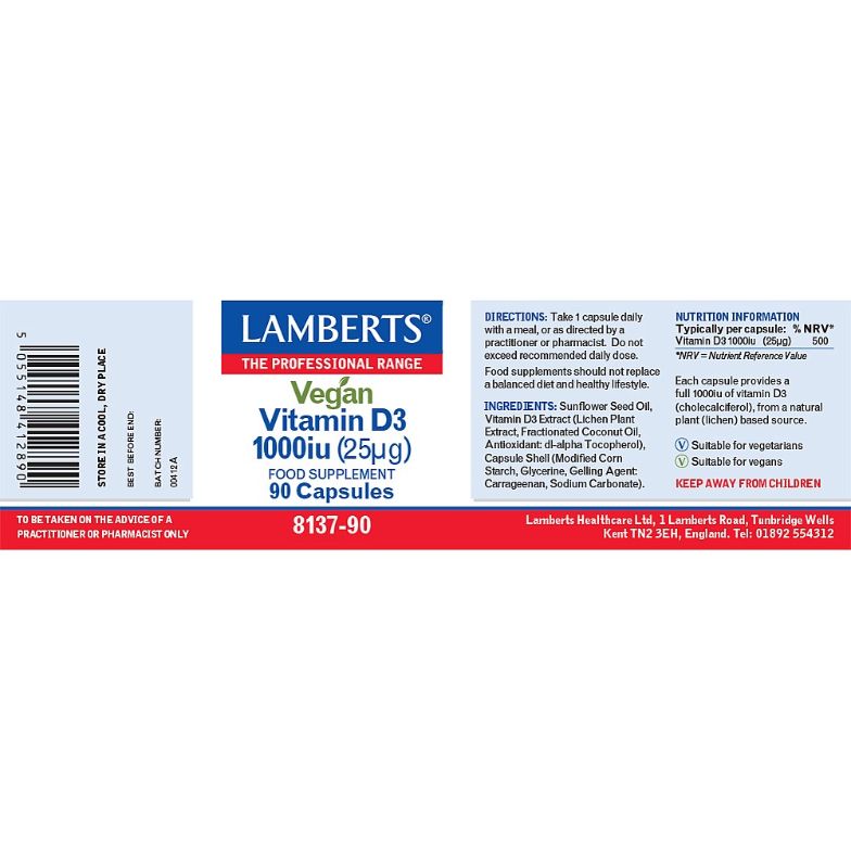 Lamberts Vegan Vitamin D3 1000iu (25mg) 90 Capsules # 8137