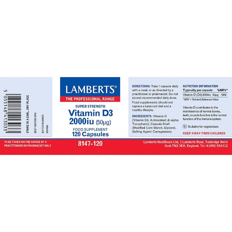 Lamberts Vitamin D3 2000iu ( 50 mg) 120 Capsules # 8147