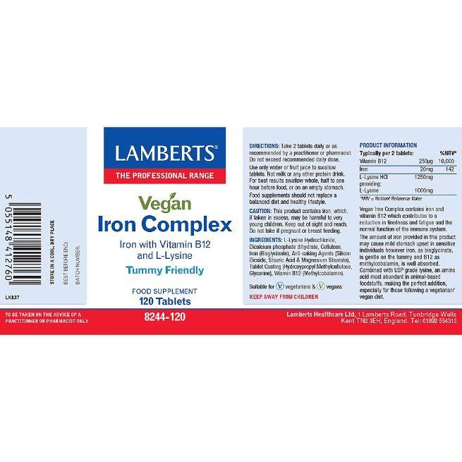 Lamberts Vegan Iron Complex (Vitamin B12 and L-Lysine) 120 Tablets #8244