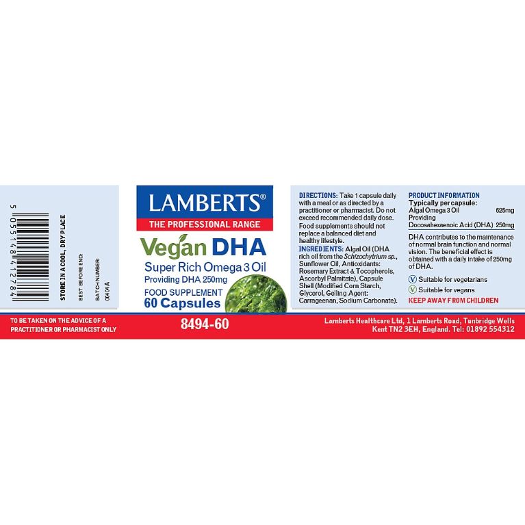 Lamberts Vegan DHA 250mg (Omega 3 Oil) 60 Capsules #8494