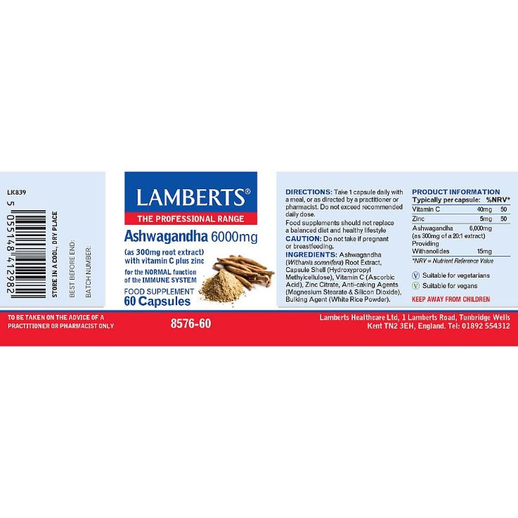 Lamberts Ashwagandha Capsules 6000mg (60 Caps) # 8576