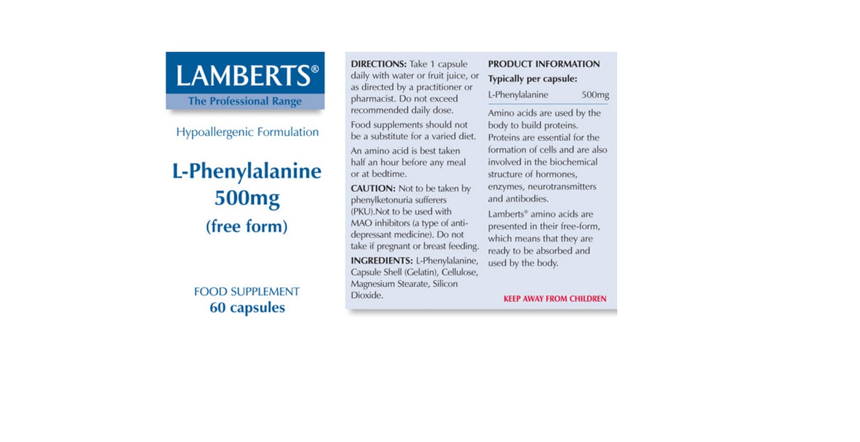 Lamberts L-Phenylanine 500mg (60 Capsules) # 8321